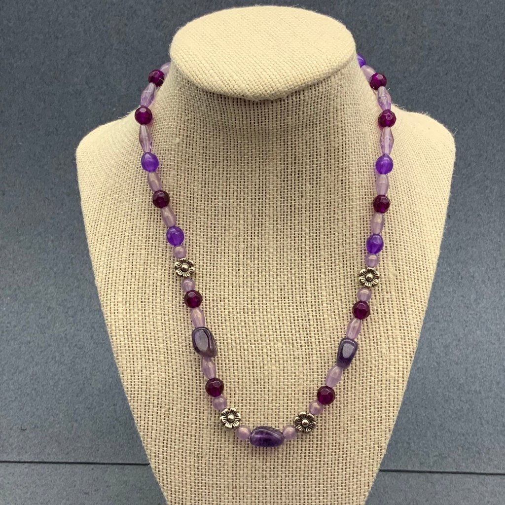 Purple Silver Flower Necklace Organic Round Beads Made With Love